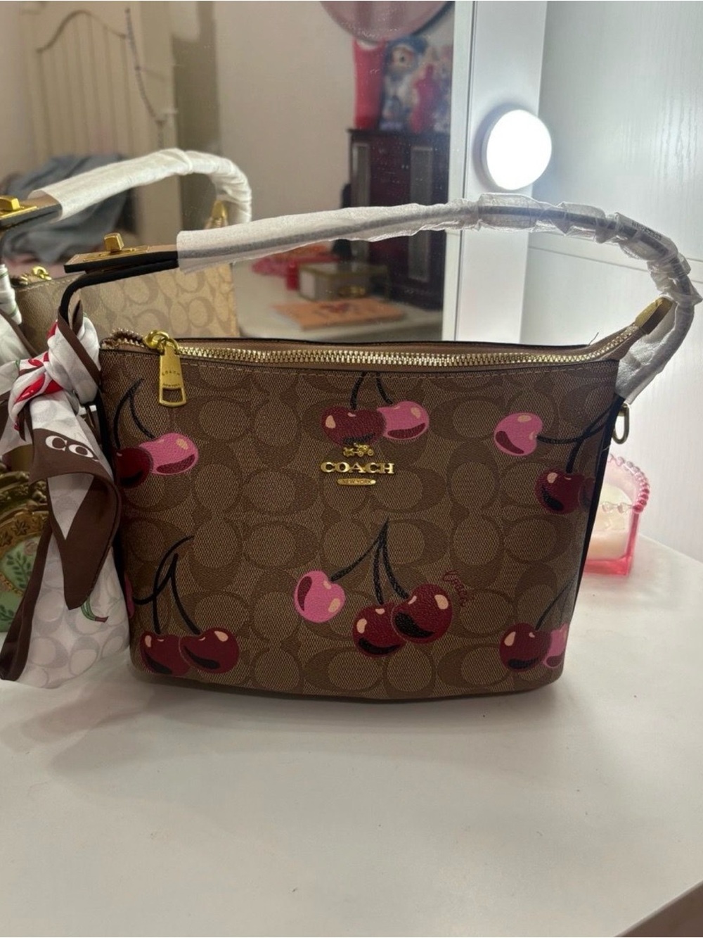 Coach Brown Cherry-Print Signature Shoulder Bag